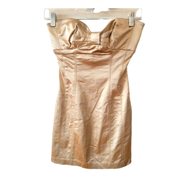 Vintage Bebe Gold Strapless Satin Mini Dress Size Small - Picture 1 of 3